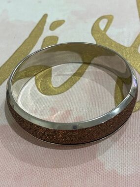 Silver Bangle Bracelet with Brown Druzy Glitter Exterior